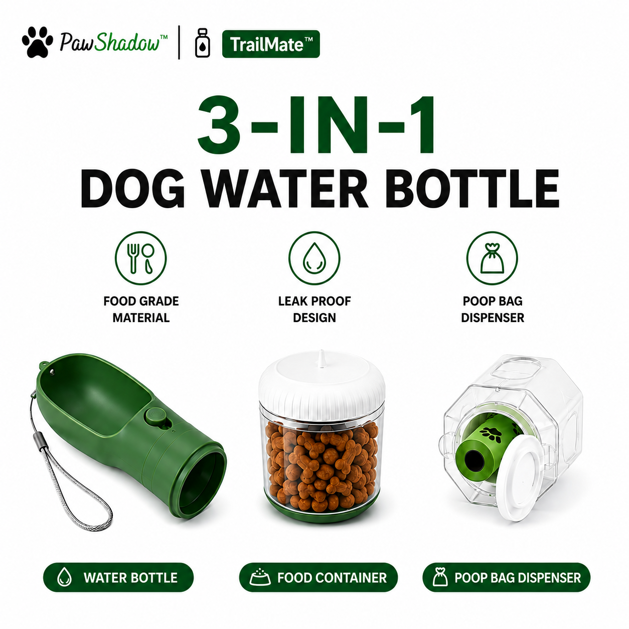 TrailMate™ 3-in-1 Portable Dog Water Bottle with Food Container & Waste Bag Dispenser