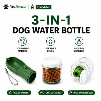 TrailMate™ 3-in-1 Portable Dog Water Bottle with Food Container & Waste Bag Dispenser